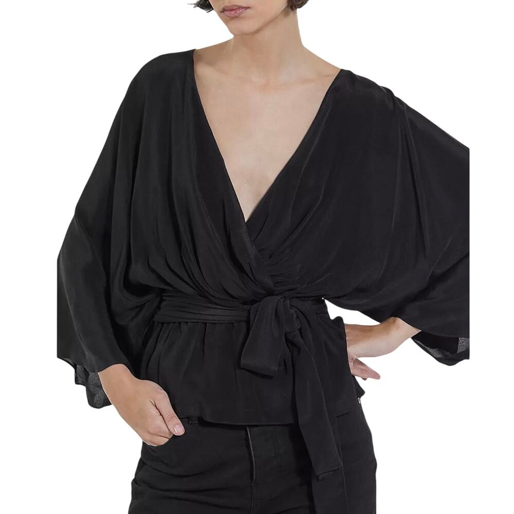 The Kooples Modern Kimono Top Black Silk Blend V Neck Tie Waist size Small (1)